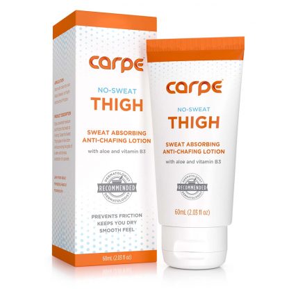 Packaging and bottle of Carpe Thigh Antiperspirant Carpe No Sweat Thigh